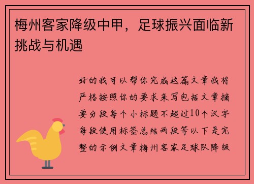 梅州客家降级中甲,足球振兴面临新挑战与机遇 梅州客家降级中甲,足球振兴面临新挑战与机遇